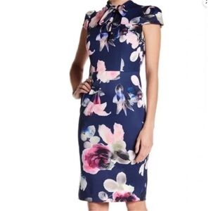 Betsey Johnson Tie Neck Scuba Floral Midi Dress